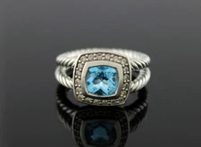 David Yurman Petite Albion Sterling Silver 7mm Blue Topaz Pave Diamond Ring Sz 3