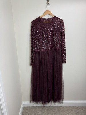 Needle & Thread Midikleid Gr. 20 Burgund Tüll Netz Pailletten Anlass Hochzeit