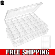 2 Pack Clear Plastic Bead Organizer Box with 36 Grids & Adjustable Dividers