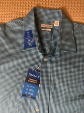 Haggar Mens Dress Shirt 17 17.5 34/35 Slim Fit Blue Teal Plaid NEW Comfort