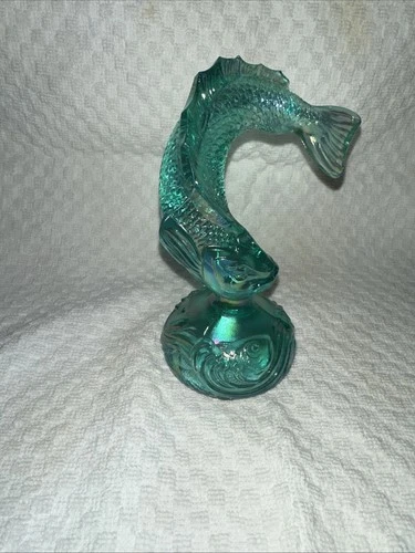 Fenton Green Carnival Iridescent Glass Fish Figurine Leaping Jumping Vintage