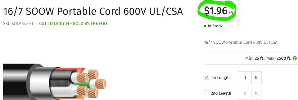 Cabo flexível 40 pés 16/7 AWG amarelo STOOW 600V 105°C cabo flexível UL/CSA[A5FL - Imagem 2 de 4