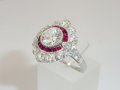 Damen Art Deco Halo Design 925 Sterling Silber Weißer Saphir und Rubin Ring
