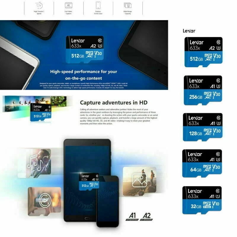 Lexar 32GB 64GB 128GB 256GB 512GB micro SD SDHC SDXC HD 4K Card Lot 100MB/s 633X - Image 4 of 4