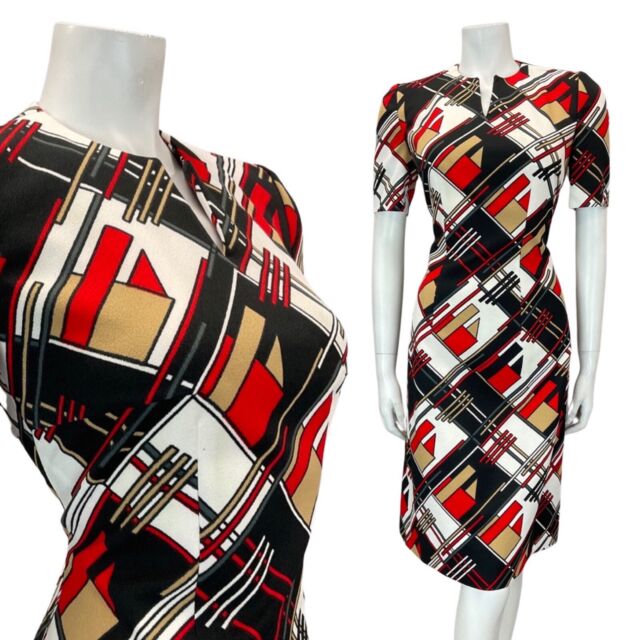 VINTAGE 60s 70s BLACK WHITE RED GEOMETRIC CHECKED MOD FIT & FLARE DRESS 10 12