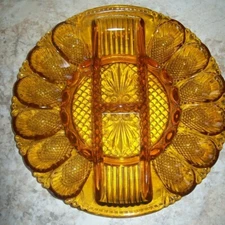Vintage Amber Indiana Glass Deviled Egg Relish Oyster Plate Vegetable Snack Tray