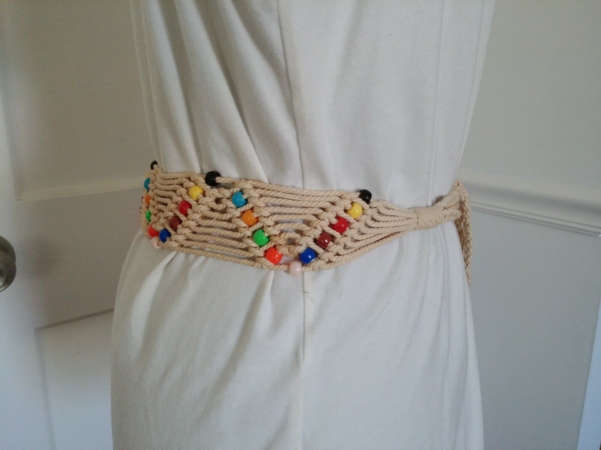 Boho Natural Woven Braided Bead Adjustable Wrap Belt Cream Dress Belt - Bracelet, Boho Braided Buckled Tassel  main image 2