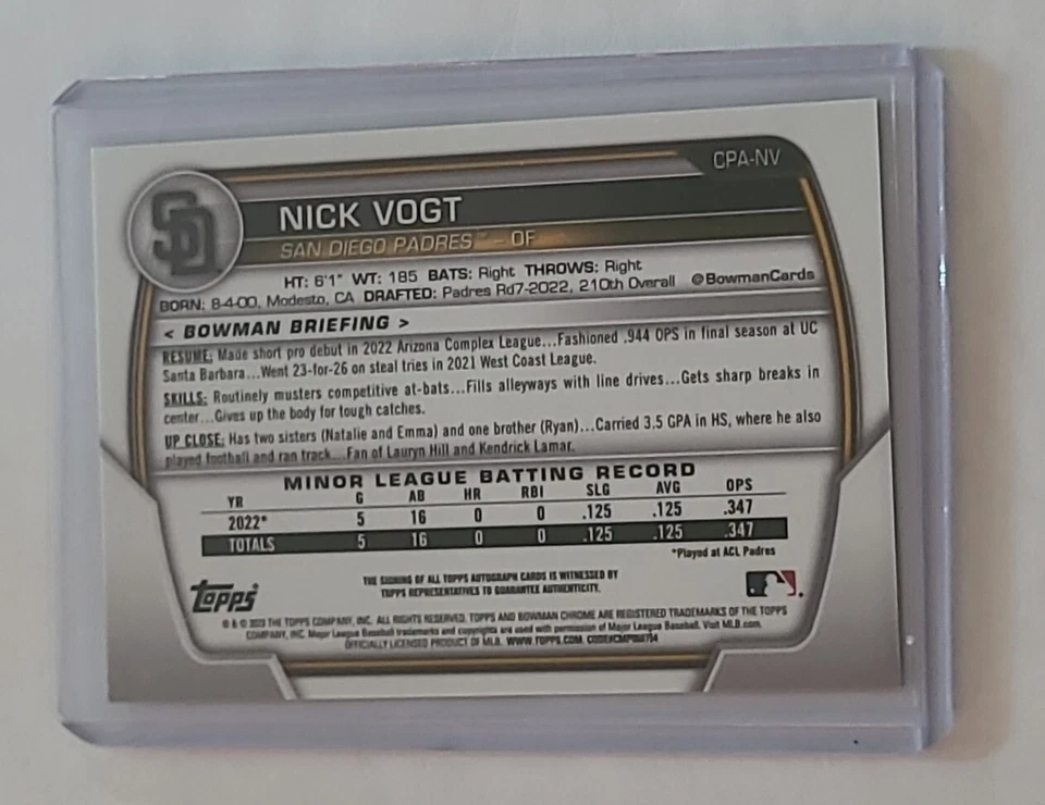 2023 Bowman 1st Chrome Nick Vogt Prospect Auto #CPA-NV - Image 2 of 2