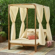 Leaverton Outdoor 2 Seater Adjustable Acacia Wood Daybed with Curtains