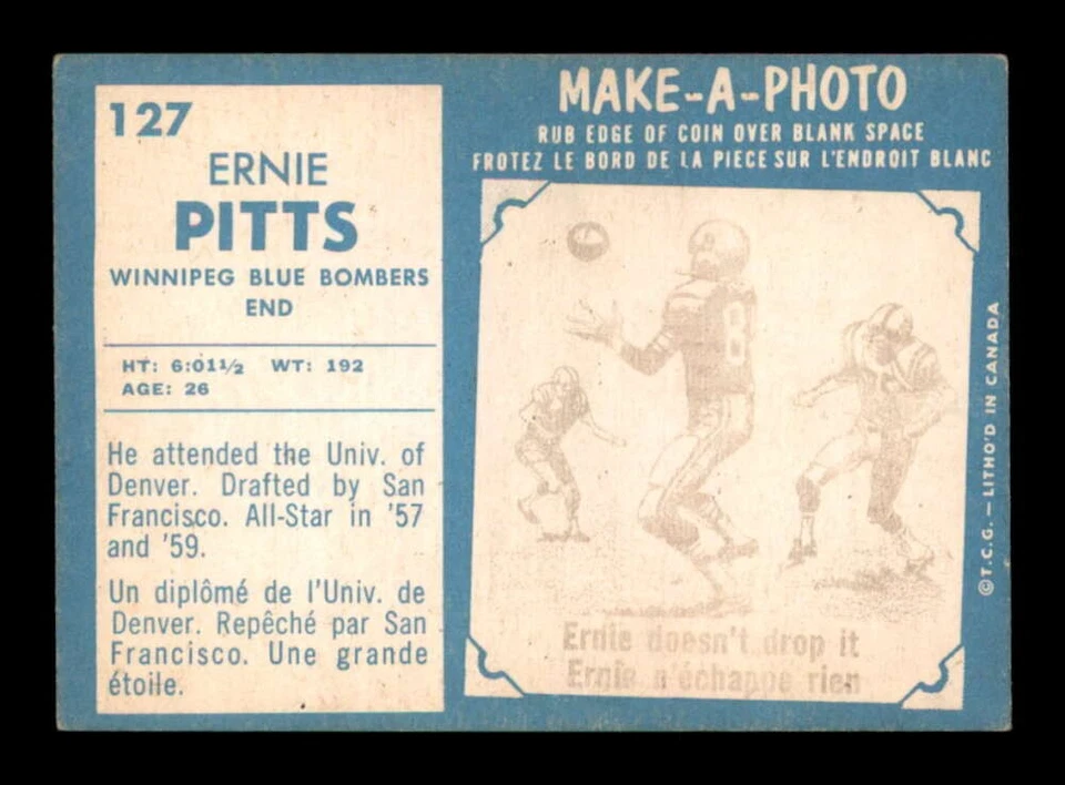 1961 Topps CFL #127 Ernie Pitts EX X3581317 - Image 2 of 3