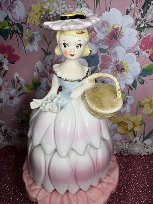 Vtg Consco Tall Powder Box Girl In Pink Flower Hat & Dress Trinket Holder Japan