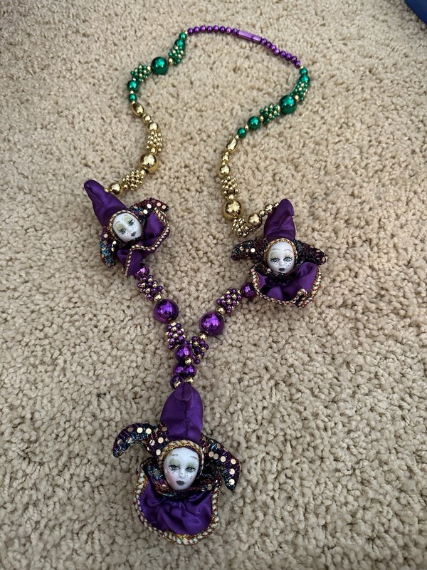 Exceptional Mardi Gras Jester Necklace Purple Gold Green Collectible Ornament