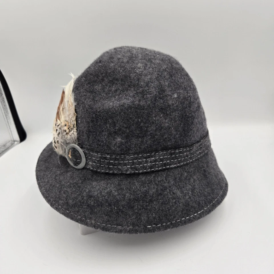 Sombrero Cloche de Lana Gris Carbón Para Mujer Acento de Pluma Vintage Moda Talla Única Foto 3 de 4