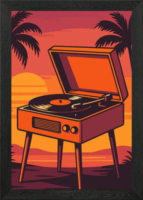 Retro Plattenspieler bei Sonnenuntergang gerahmtes Wandbild Poster Leinwanddruck Bild