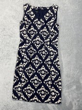 Talbots 6 Navy Blue/Cream Ikat Print Lined V-Neck Dark Sheath Dress Sleeveless