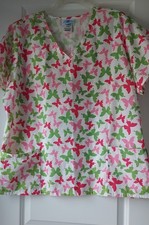 SB Scrubs Scrub Top Womens XL White Pink Green Butterflies Pockets Medical