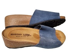 Marina Luna Comfort Blue Suede Cork Wedge Sandals Size 6.5 Italy
