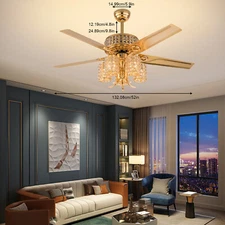 52" LED Luxury Crystal Ceiling Fan Light 3 Speed Chandelier Pendant Lamp Remote