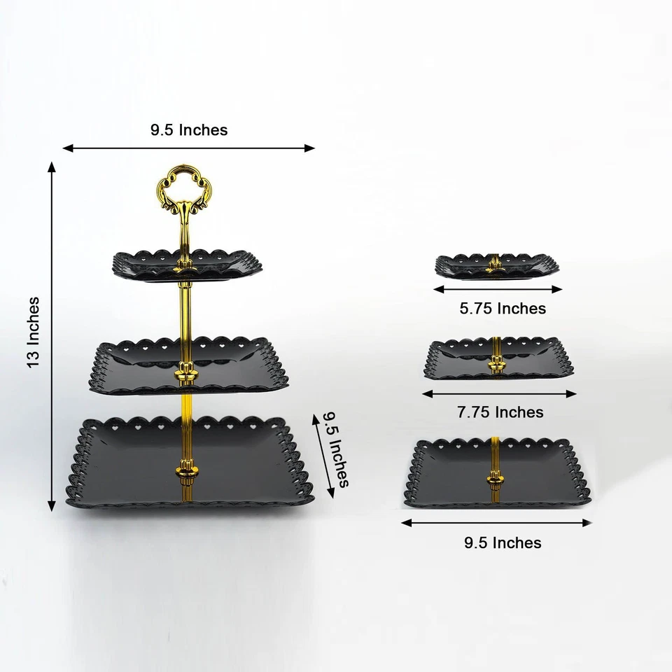 SOPORTE PARA CUPCAKES CUADRADO DE PLÁSTICO NEGRO 3 niveles 13" con borde de corazón decoraciones de fiesta Foto 2 de 4