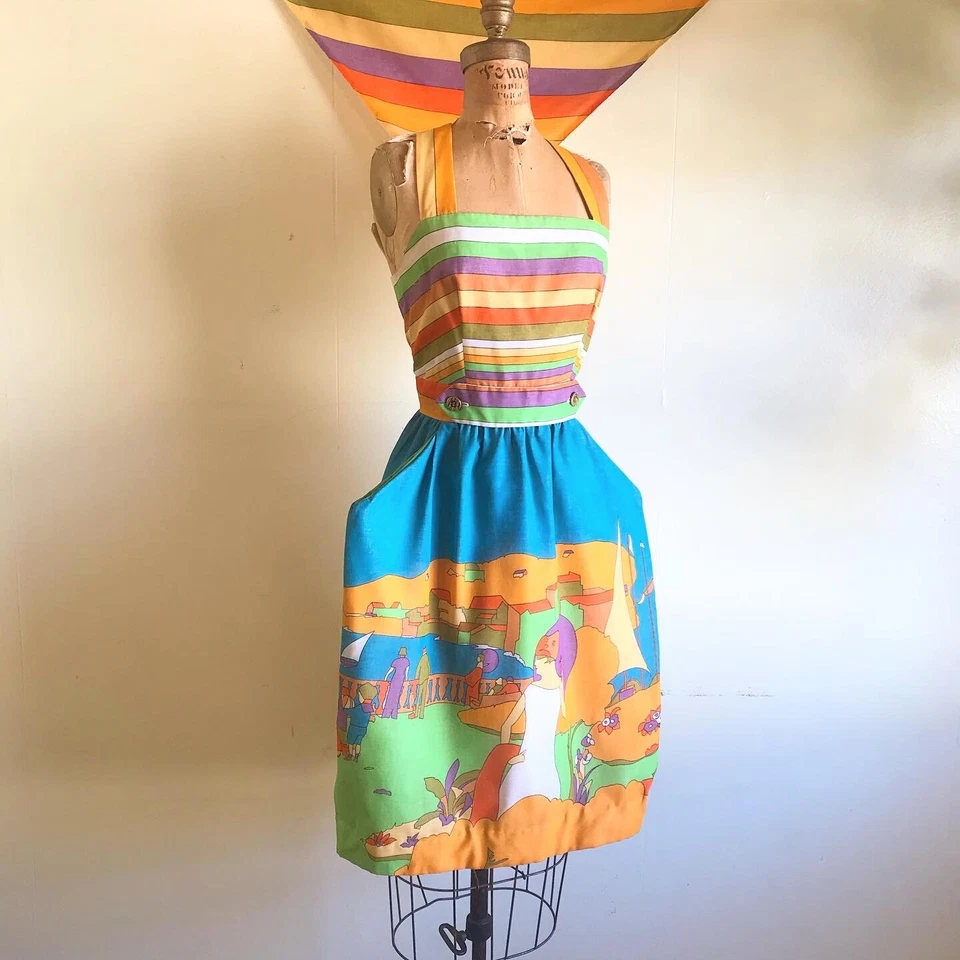 法国 RIVIERA 1960 年代 20 世纪 70 年代复古新奇印花背心裙连衣裙套装 S — 第 2/4 张图片