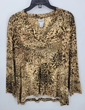 Chicos Top Womens XL 3 Brown Animal Print Slinky Knit Long Sleeve Artsy V Neck