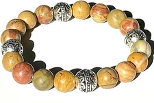Handmade 10mm Matte Petrified Wood Jasper Tibetan Silver Bali Bead Bracelet