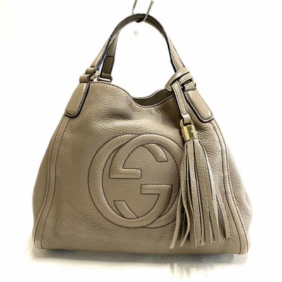 Gucci Soho Tote Bag 336751 Gray Beige Leather With Bag Charm GG
