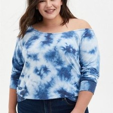 TORRID Off-Shoulder Lt Weight French Terry Sweatshirt TIEDYE BLUE/ WHITE 3X NWT