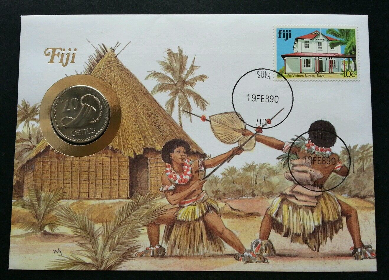 Fiji Traditional Dance 1986 House Coconut Tree Village Costume FDC (coin cover)