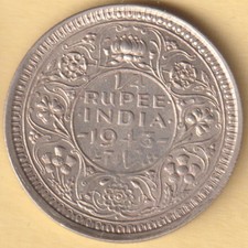 BRITISH INDIA 1943 KING GEORGE VI 1/4 RUPEE RARE SILVER COIN