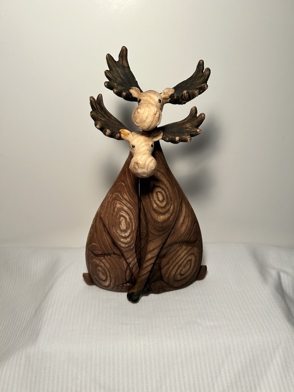 Pair Of Hugging Moose Sitting Resin Figurines 