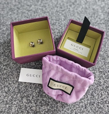 Authentische GUCCI GG Aged Gold Finish Faux Pearl Crystals Bee Ohrstecker  