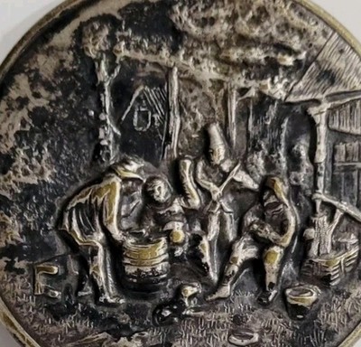 Vintage Silver Tone Cast Metal Repousse Vanity Purse Hand Mirror Tavern Scene