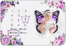 Baby Monthly Milestone Blanket for Girl 59" X 39" Floral Butterfly Photo Prop Bl