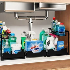 3 Pack, Under Sink Organizer 2-Tier with Slide Out Lower Drawer - Metal Pull Out