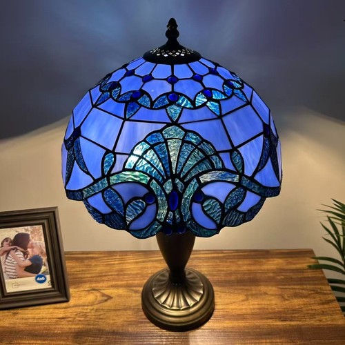 Tiffany Style Table Lamp Blue Stained Glass Baroque Style LED Bulb 14"W*21"H - Picture 6 of 7