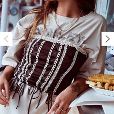 Urban Outfitters UO Mandy Lace-Up Corset Strapless Brown Bows Ruffle Size Small