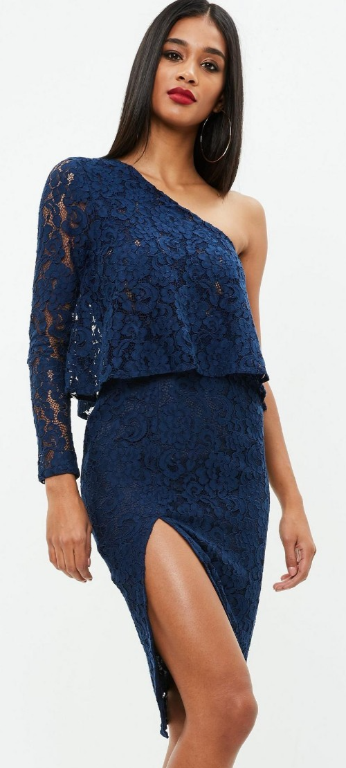 Lace One Shoulder Dress Missguided Midi Overlay Size 8 Uk BNWT RRP £42.99 Navy