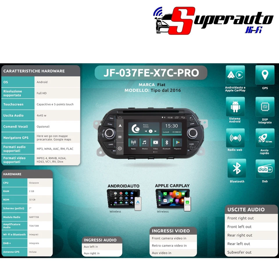 Jfsound JF-037FE-X7C PRO Autoradio Car Tablet 7" fit FIAT Tipo da 2016 Android - Immagine 3 di 4