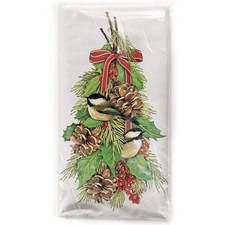 Mary Lake-Thompson Chickadees and Holly Cotton Flour Sack Dish Towel