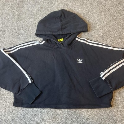 Adidas Hoodie Womens Medium Black White Trefoil Three Stripes Cropped Pullover