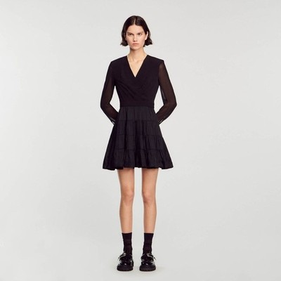 Sandro Ginette Mesh Sleeve Tiered Mini Dress | Black Satin & Chiffon - Size 4