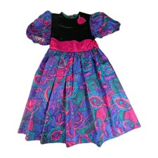 VTG Albert Nipon Girls Graphic Satin Velvet Tie Back Party Dress Sz 8 80s Retro