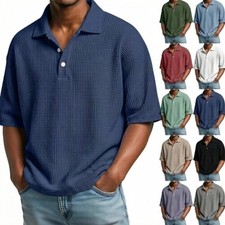 Mens Waffle Knit Polo Shirt Short Sleeve Textured Casual Summer Top Button UK