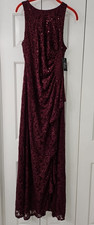 Alex Evenings Size 10 Wine Lace Sequin Gown, Ruched Ruffle Side Slit NWT 219.