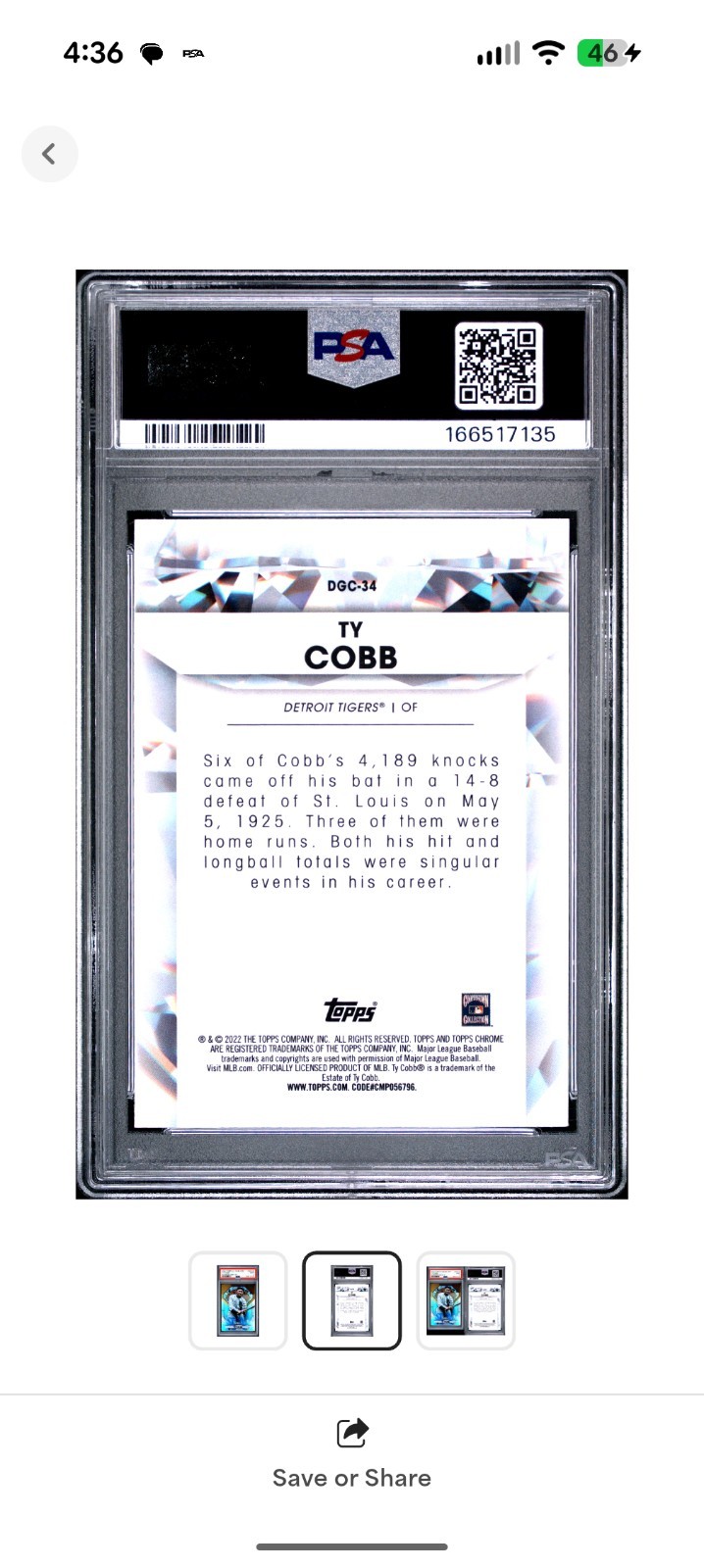 2022 Topps Chrome Update Ty Cobb Diamond Greats #DGC34 PSA 9 MINT Tigers view 3