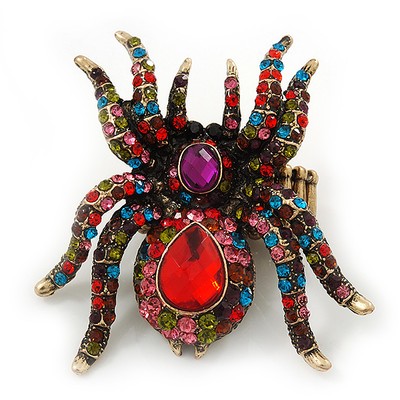 Übergroßer mehrfarbiger Swarovski Kristall Spinne Stretch Cocktail Ring in