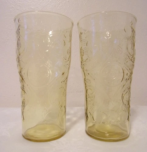 2 Vintage Federal Madrid Amber Depression Glass Tumblers  5 1/2" EXCELLENT