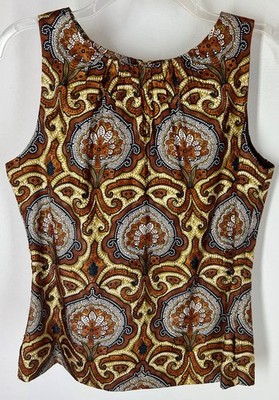 Milly Silk Sleeveless Top 6 S Brown Black White Olive Paisley Pleated Neck Lined