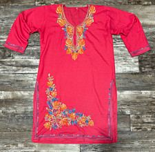 Women’s Coral Pink Cotton Embroidered Kurti Kurta Tunic Top 3/4 Sleeve SZ L Boho